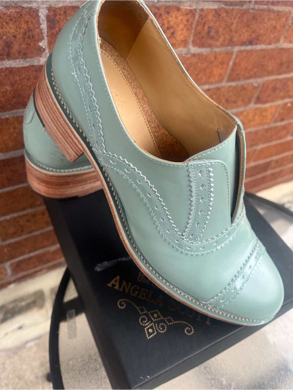 Angela Suede-Trim Mint Leather Slip-On Brogue Flat